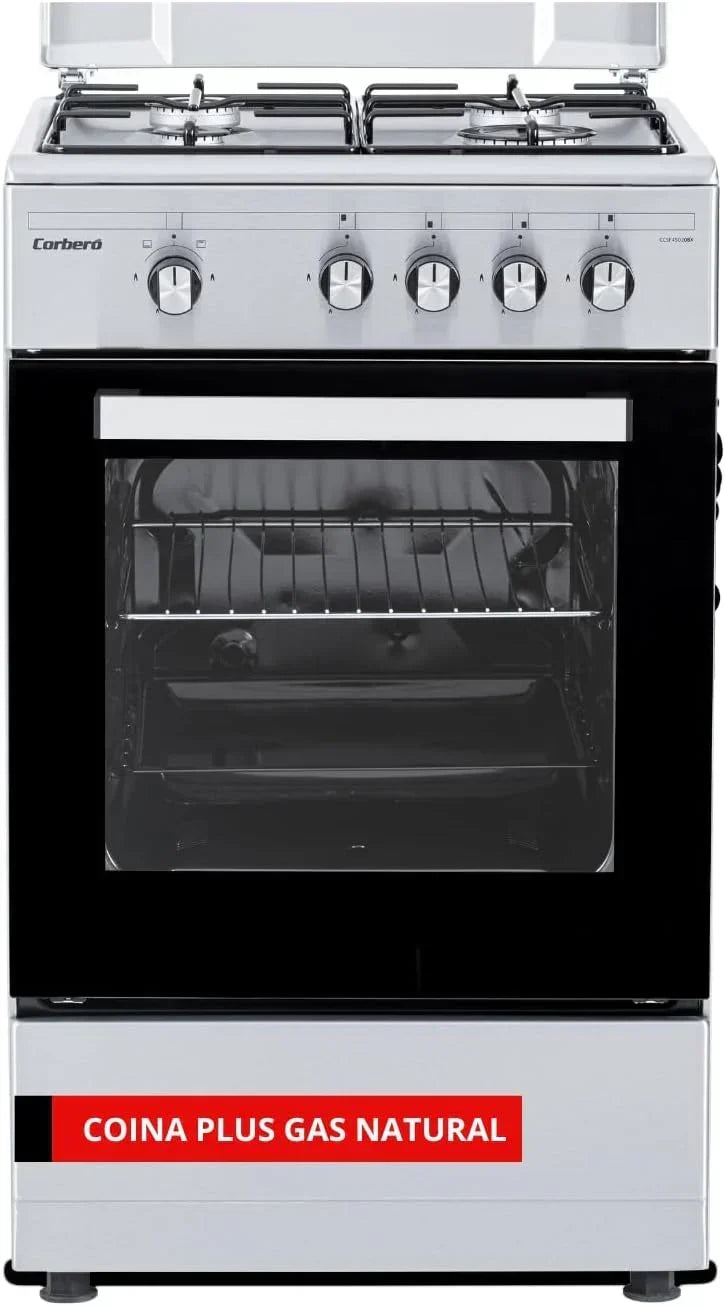 Corberó – Kuchnia gazowa na butan Plus | 50 cm | CCSF45020BX | 4 palniki | Piekarnik 43L z podwójnymi szklanymi drzwiami | Metalowa pokrywa | Chromowana taca i grill | Automatyczne wyłączanie bezpieczeństwa | Stal nierdzewna