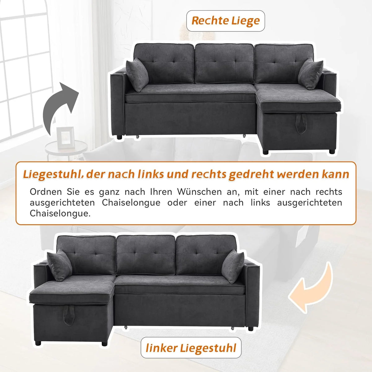 Trzyosobowa rozkładana sofa z uchwytami na kubki i boczną torbą na poręcz, sofa w kształcie litery L, z możliwością zmiany układu na prawą i lewą stronę, kolor szary