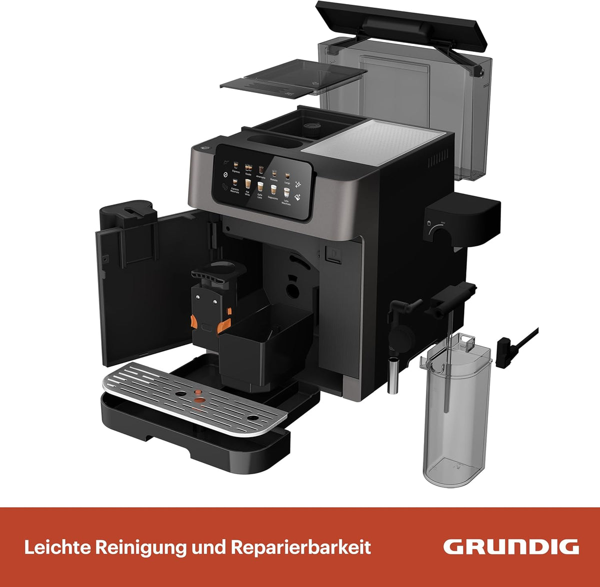 Grundig KVA 7230 ekspres do kawy, 10 specjałów do kawy, 13 stopni mielenia, pojemnik na mleko, wydajny 1350 W, ciśnienie pompy 19 bar, podwójna dysza, oświetlenie, czarny/ciemny srebrny