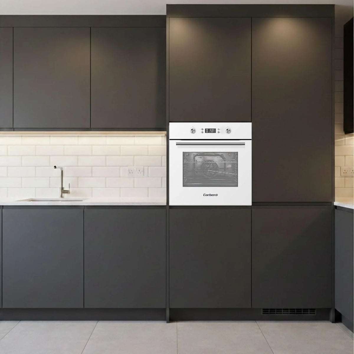Corberó - Piekarnik pirolityczny wielofunkcyjny 70L | CCHMP1033W | 59.5cm(dł.)x59.5cm(wys.)x57.5cm(gł.) | 3200W | Wyświetlacz cyfrowy | Chowane pokrętła | Podwójne szklane drzwi | Wysuwane prowadnice | 8 programów, Biały