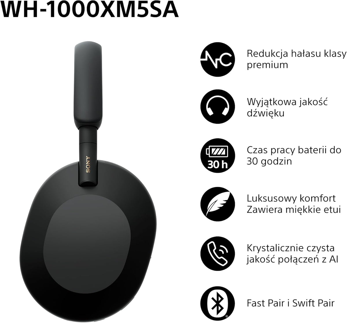 Sony WH-1000XM5 ANC Bezprzewodowe Słuchawki Nauszne z Redukcją Hałasu, Bluetooth, Clear Call Quality, Hi-Res, Do 30H Baterii, Szybkie Ładowanie, Alexa i Google Assistant, IOS i Android - Czarne