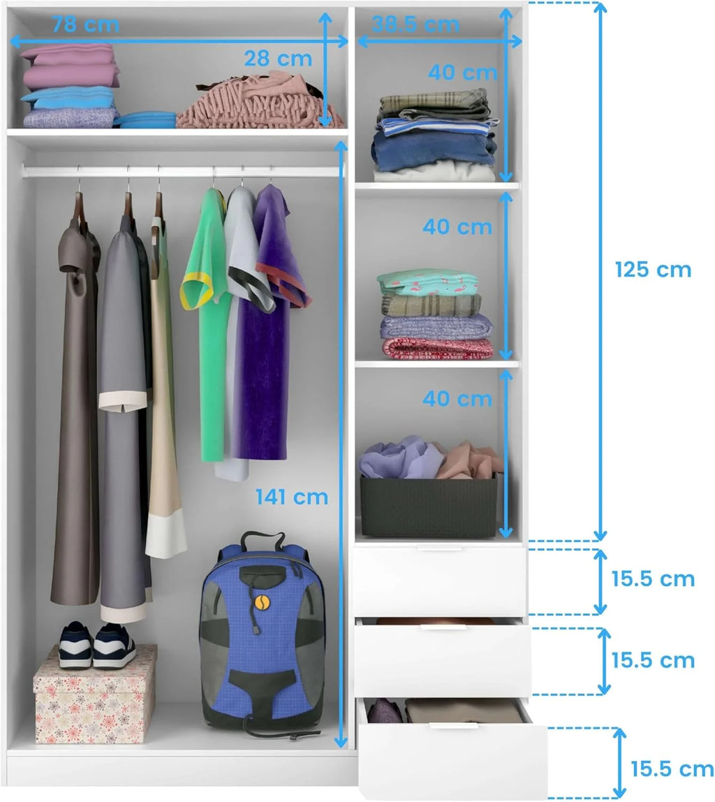 Szafa Habitdesign z trzema drzwiami i trzema szufladami, wykończenie białe arktyczne, wymiary: 121 cm (szer.) x 180 cm (wys.) x 52 cm (gł.)