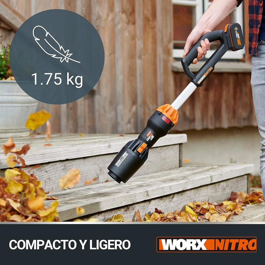 WORX WG543E Dmuchawa do Liści 20V-4Ah Nitro, superlekka 1,7 kg, Silnik bezszczotkowy, 209 km/h, turbina o dużej objętości i prędkości, do czyszczenia ogrodów, ścieżek i działek, zawiera akumulator i ładowarkę