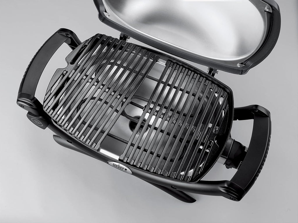 Weber Q1400 Elektryczny Grill, powierzchnia grillowania 43 x 32 cm, przenośny BBQ Grill,2-częściowy żeliwny ruszt pokryty emalią porcelanową, pokrywa i obudowa aluminiowa - Ciemnoszary (52020079)