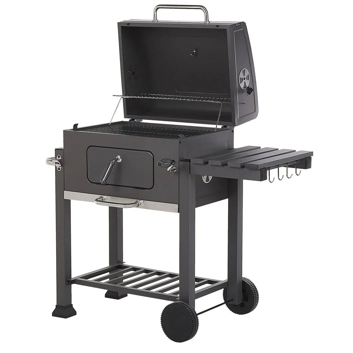 Grill węglowy stalowy szary z pokrywą rusztem kółkami 2 półkami termometrem wyjmowanym popielnikiem ogród Pavlof - szary