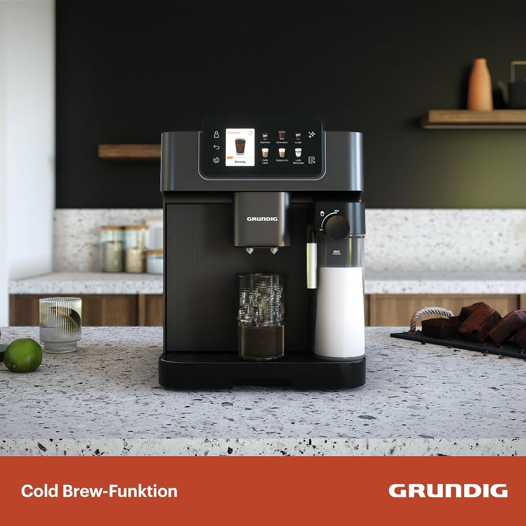 Grundig KVA 7230 ekspres do kawy, 10 specjałów do kawy, 13 stopni mielenia, pojemnik na mleko, wydajny 1350 W, ciśnienie pompy 19 bar, podwójna dysza, oświetlenie, czarny/ciemny srebrny