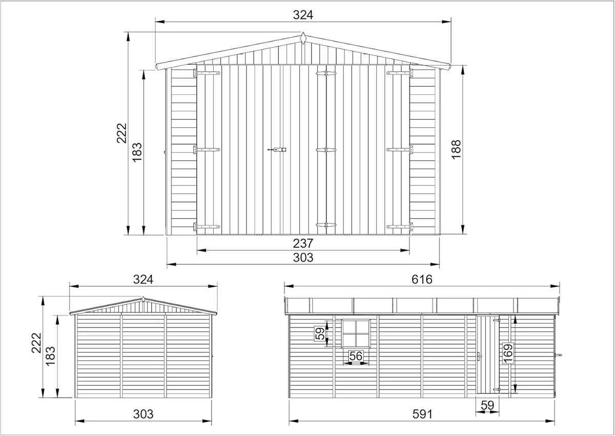 Garaż drewniany naturalny - szopa z drewna sosnowego/świerkowego - A222x616x324 cm / 18 m² - Konstrukcja panelowa - Warsztat ogrodowy - Garaż samochodowy, szopa na narzędzia - TIMBELA M102