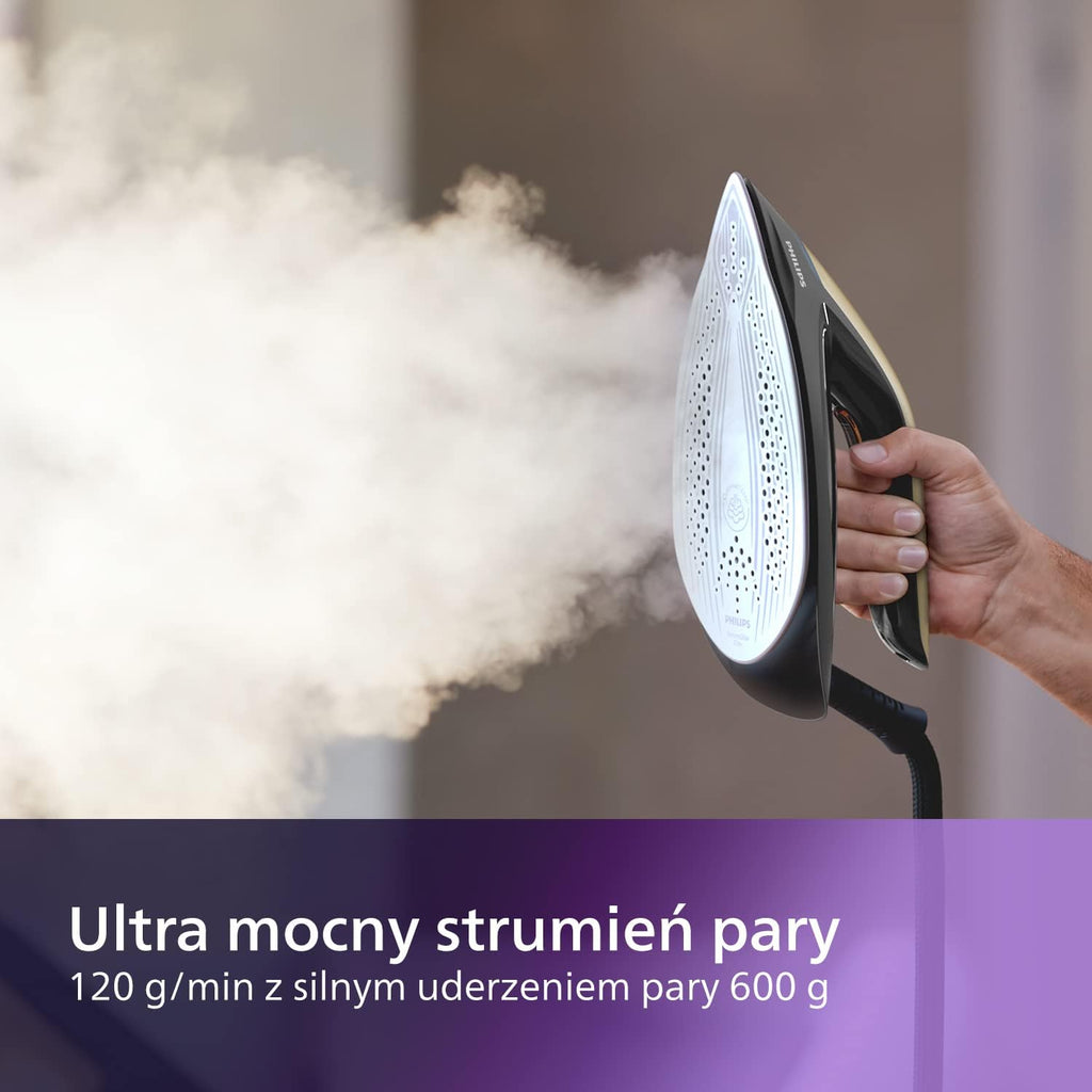 Philips Generator Pary PerfectCare z serii 8000-2700W, Silne uderzenie pary 700g, Ciśnienie pompki 8,5 bara, Technologia OptimalTEMP, Zbiornik 1,8l, Czarny/Złoty (PSG8140/80)