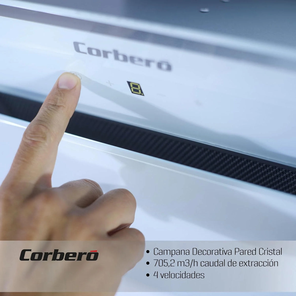 Corbero - Okap kuchenny 60 cm | ONEGA675W | 705,2 m3/h | 66db| 230W | 4 prędkości | Sterowanie dotykowe| Szkło hartowane | 1 Filtr aluminiowy + 1 Filtr węglowy | Biały