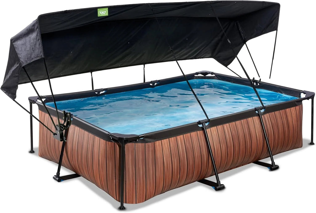 EXIT Toys Basen Drewniany z Daszkiem Słonecznym - 300x200x65cm - Kompaktowy Basen Prostokątny ze Stelażem z Pompą Filtracyjną Kartuszową - Optymalna Ochrona UV - Łatwy Dostęp - Unikalny Design - Brązowy