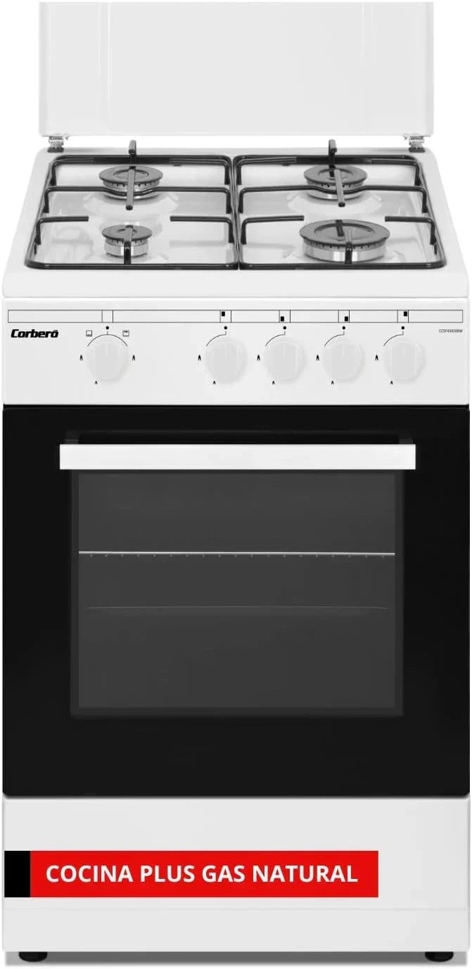 Corberó – Kitchen Plus | 50 cm | CCSF45020BW | 4 palniki gazowe na butan | Piekarnik 43L | Metalowa pokrywa | Podwójne szklane drzwi | Taca i chromowany ruszt | Automatyczne wyłączanie bezpieczeństwa | Biała