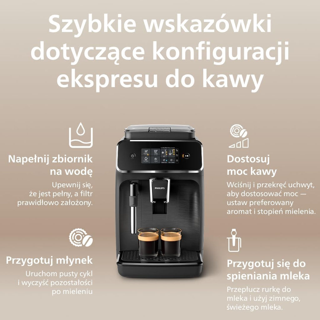 Philips 2200 Series Automatyczny ekspres do kawy - 2 rodzaje kawy, wyświetlacz dotykowy, klasyczny spieniacz do mleka, ceramiczny młynek, matowa czerń (EP2220/10)