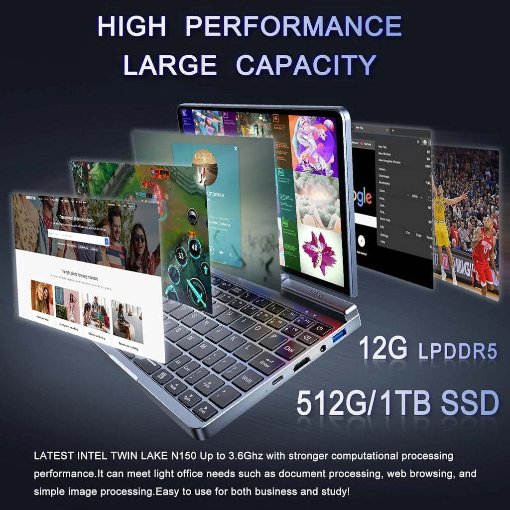 Mini Laptop 8" 2 w 1, Laptop z Win 11, N150 (do 3.6 GHz), 12 GB RAM 1 TB SSD, Ekran Dotykowy HD, Podświetlana Klawiatura, Wi-Fi 6, USB-C, Lekki i Przenośny Komputer dla