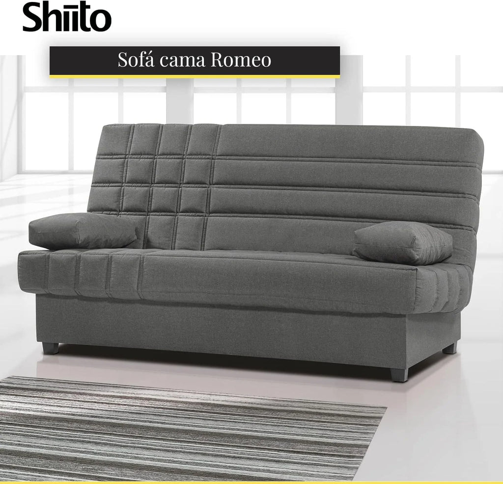SHIITO - Sofa rozkładana 3-osobowa z pojemnikiem na pościel - 100 x 193 x 100 cm - Model Romeo - z mechanizmem klik-klak - W zestawie 2 poduszki - Kolor ciemnoszary