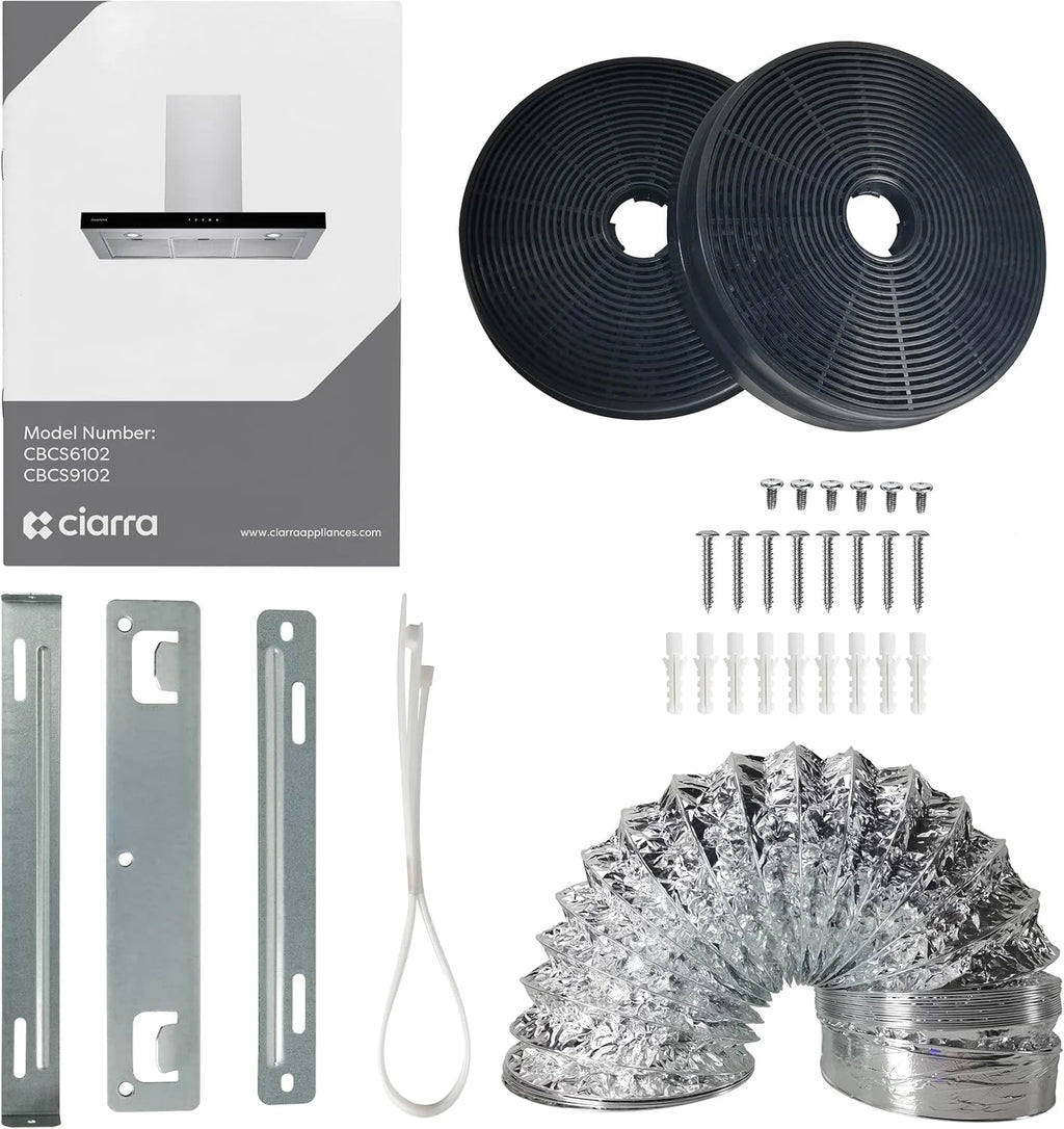 CIARRA CBCS9102 Okap Kuchenny 90 cm Klasa A+++ 650 m³/h Sterowanie WIFI Dotykowe 4 Prędkości Wyrzut Zewnętrzny i Recyrkulacja Wewnętrzna przez Filtr Węglowy CBCF003