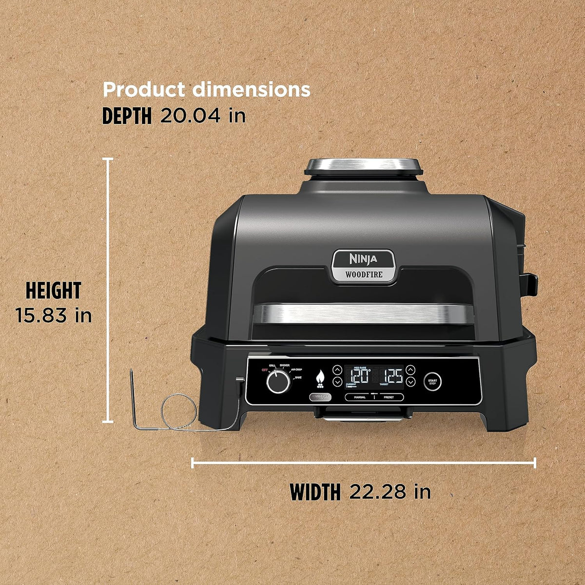 Ninja Woodfire Pro XL Grill i Wędzarnia Zewnętrzna 4 w 1 z Termometrem, Grill Master, Grill Wędzarniczy, Frytkownica Beztłuszczowa Zewnętrzna, Piekarnik, Przenośny, Elektryczny, Ciemnoszary, OG850, 2026