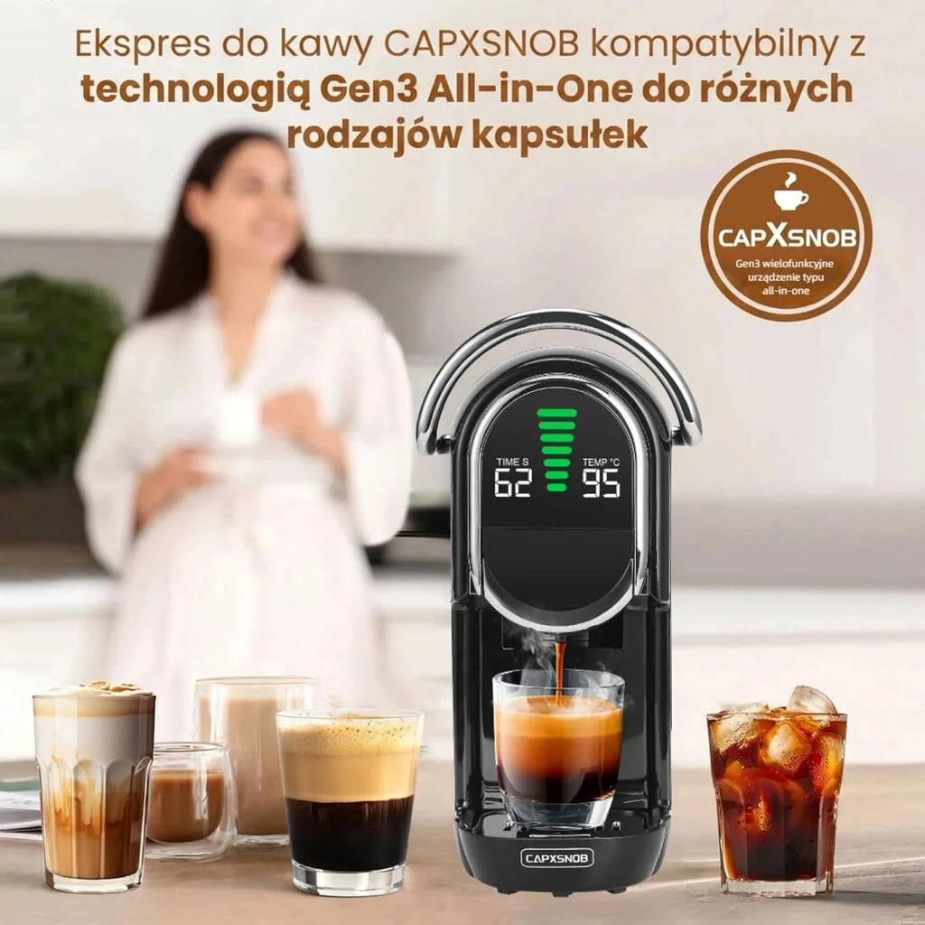 Magician1 Mini ekspres do kawy na wiele kapsułek 5 w 1, do Nespresso, Dolce Gusto, Lavazza A Modo Mio, saszetek ESE 44 mm i kawy mielonej, włoska pompa 20 barów, 1450W, wyświetlacz LED, do domu i biura