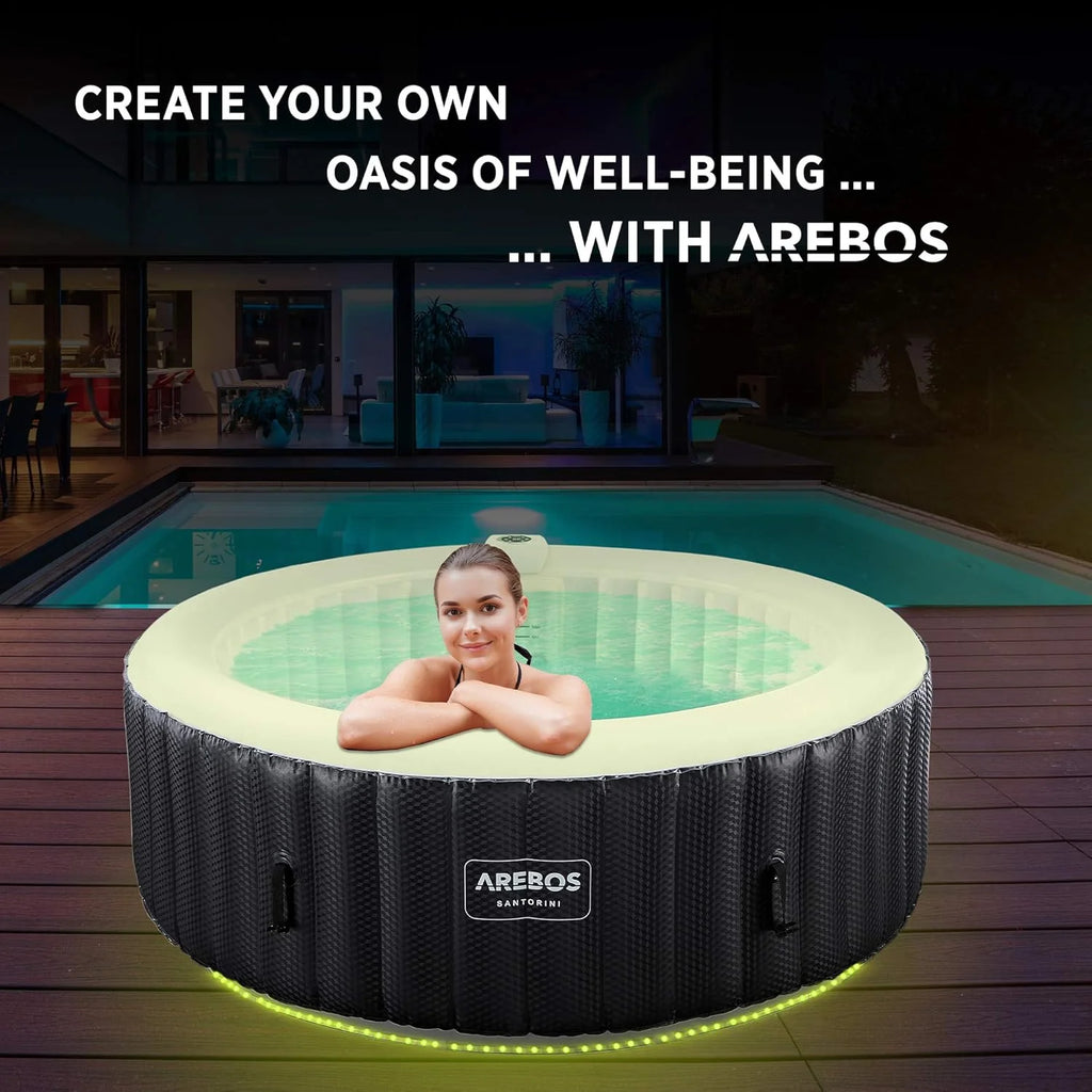 Arebos Nadmuchiwane SPA | Automatyczne pompowanie | Do użytku wewnątrz i na zewnątrz | Ø 208 cm | 6 osób | Taśma świetlna LED | 130 dysz masujących | 1000 L | Pokrywa w zestawie | Bubble SPA i masaż wellness