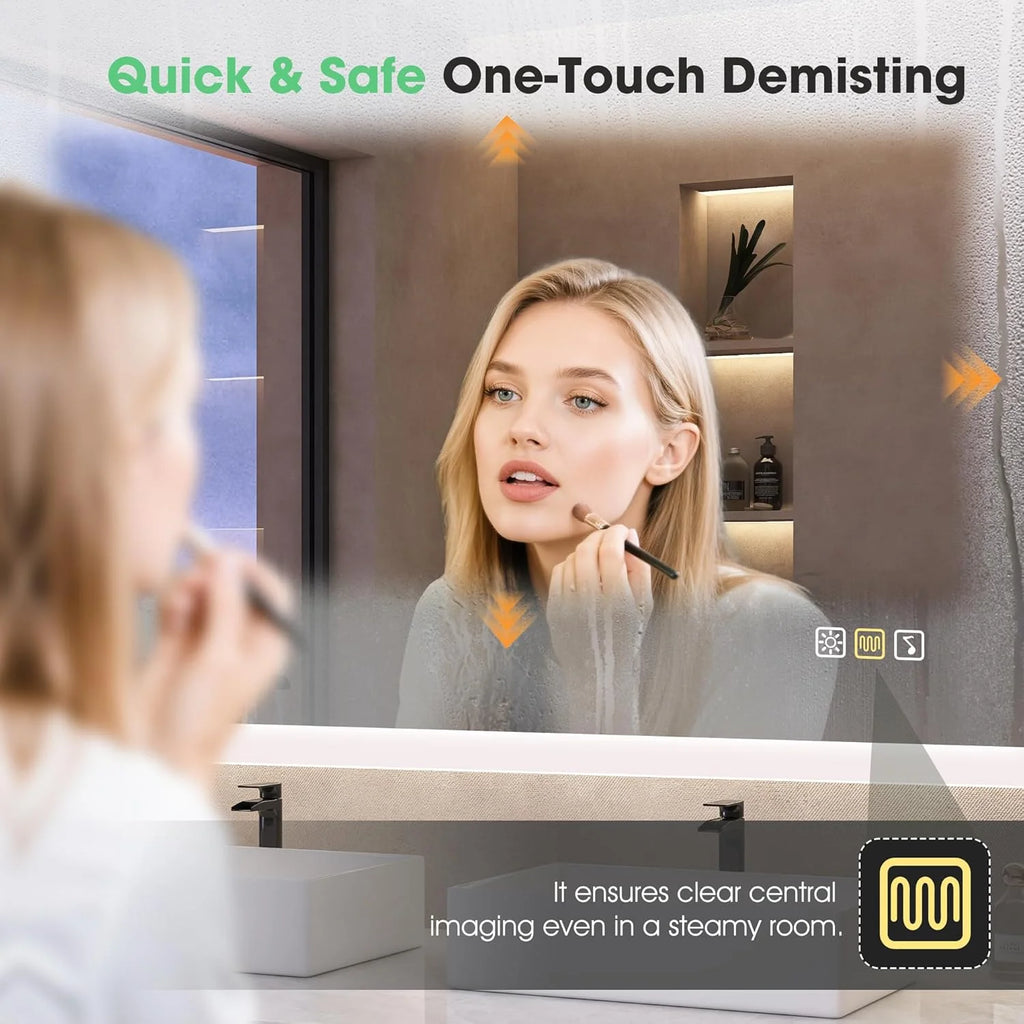 S'bagno Lustro łazienkowe z podświetleniem 100x70cm, Lustro łazienkowe LED Bluetooth, Antypara, 3 kolory, Możliwość ściemniania, Pamięć, Szkło hartowane HD, Wodoodporne IP44, Pionowo/Poziomo