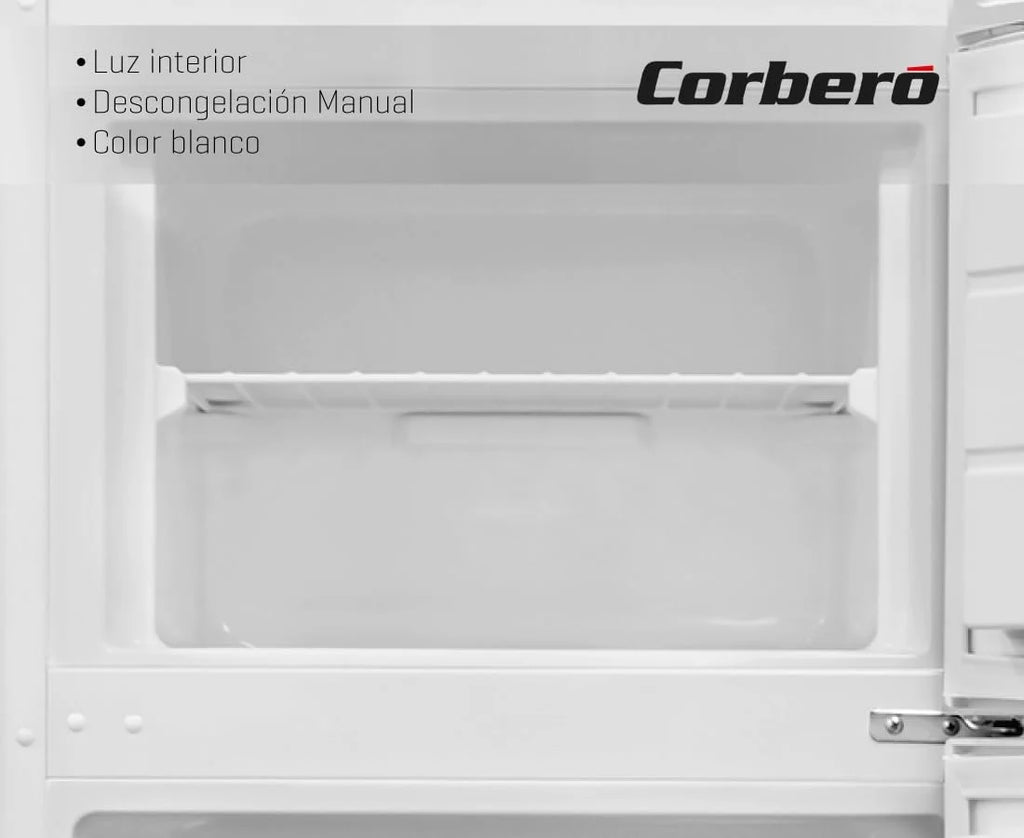 Corberó - Lodówka 2-drzwiowa | CF2PV21324W | 57x54x145 | Pojemność 212L | Oświetlenie wewnętrzne, pojemnik na warzywa, regulowane balkoniki, ręczne rozmrażanie, szklane półki, pojemnik na jajka, pojemniki na lód | Biała