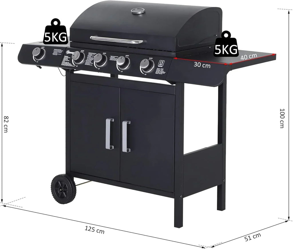 Outsunny grill gazowy z 4+1 palnikami 14,4 kW, stolikami bocznymi, szafką do przechowywania, termometrem i 2 kółkami, grill ze stali nierdzewnej 125 x 51 x 100 cm, czarny