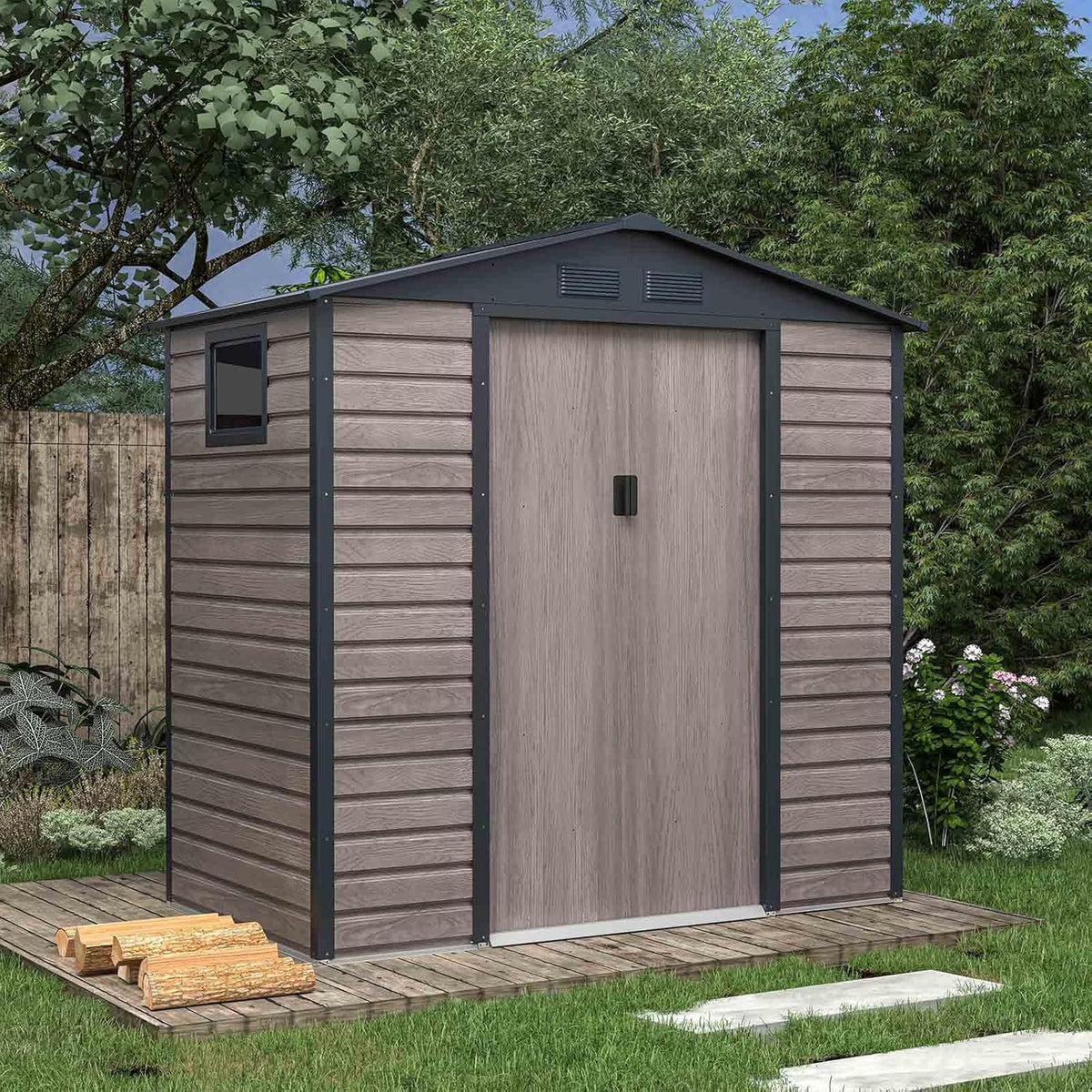 Garaż blaszany Gardiun Surrey 2,71 m2, wymiary zewnętrzne 213x127x211 cm, stalowy, z bocznym oknem i efektem drewna