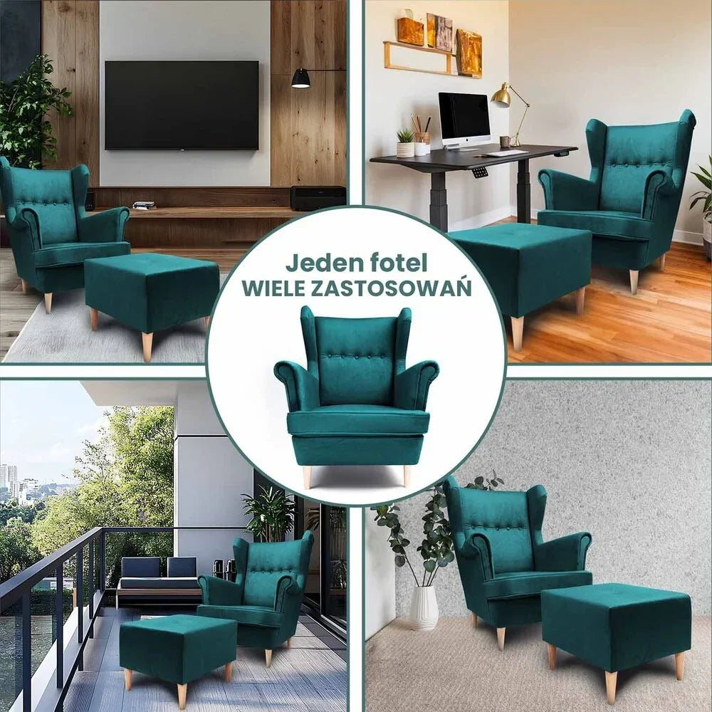 Green Jane wingback armchair with footstool