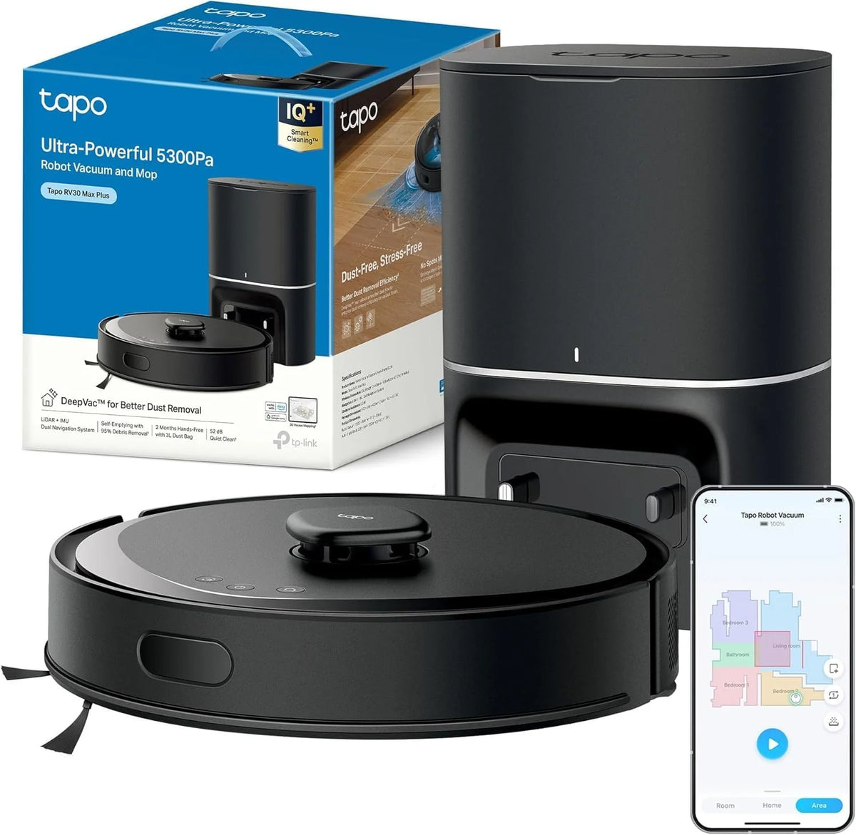 Tapo RV30 MAX Plus Robot Aspirador, Ultra Wysoka Siła Ssania 5300 Pa z Funkcją Mopa, Stacja Opróżniająca 3 l, Zaawansowana Nawigacja LiDAR+IMU, Sterowanie Głosowe i z Aplikacji, Czarny