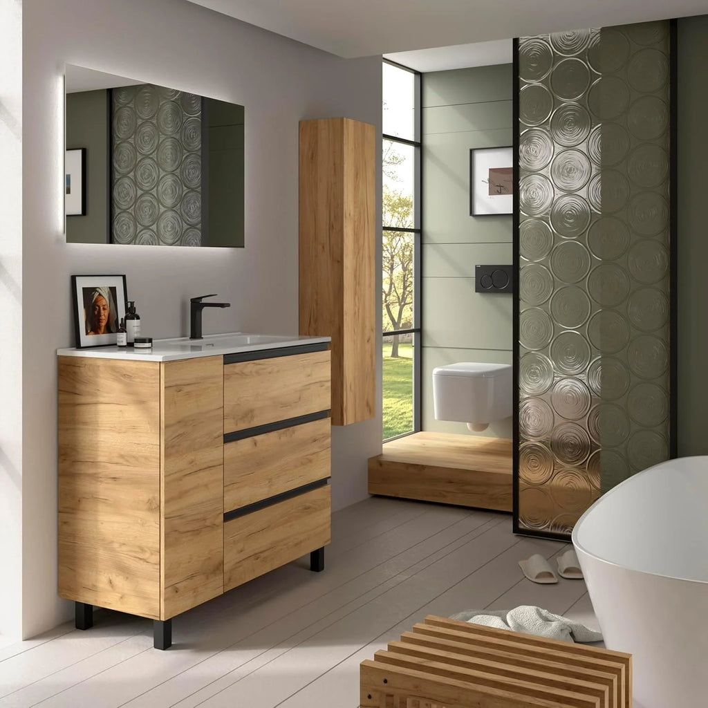 Szafka łazienkowa BEQUIA Plus Metal 3C 90cm Dąb | Umywalka ceramiczna, Bateria po prawej