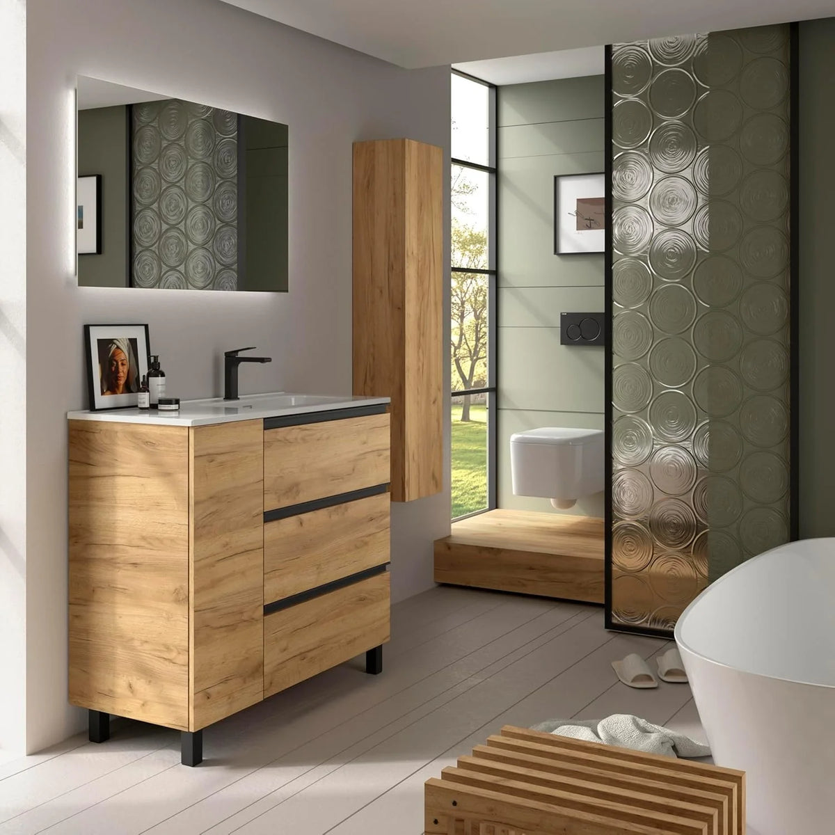 Szafka łazienkowa BEQUIA Plus Metal 3C 90cm Dąb | Umywalka ceramiczna, Bateria po prawej