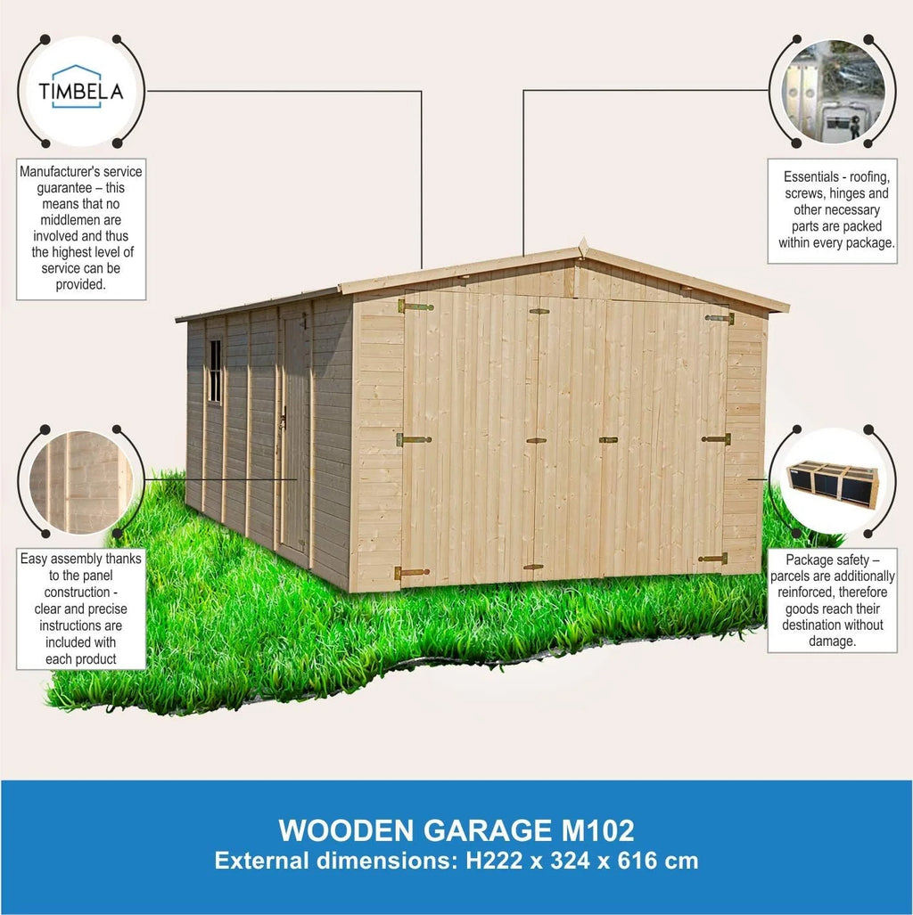 Garaż drewniany naturalny - szopa z drewna sosnowego/świerkowego - A222x616x324 cm / 18 m² - Konstrukcja panelowa - Warsztat ogrodowy - Garaż samochodowy, szopa na narzędzia - TIMBELA M102