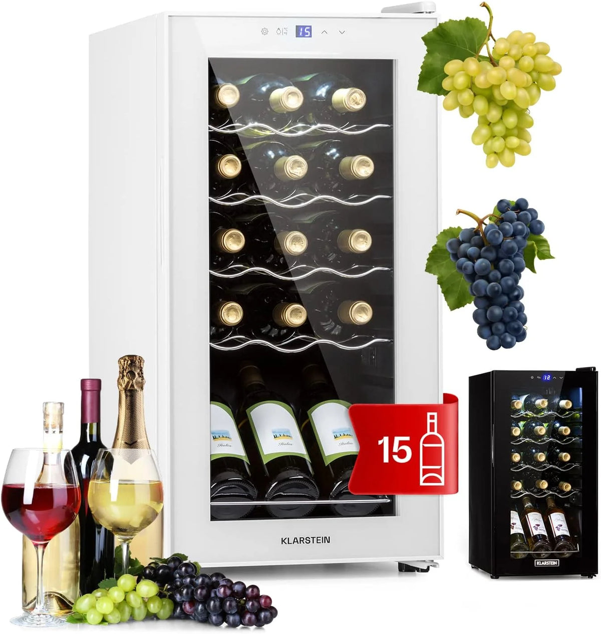 KLARSTEIN Vinoteca Chłodziarka na Wino 44L, Jedna Strefa Chłodzenia, na Butelki Wina, Prosecco i Piwa, Mała Chłodziarka na Wino z Drzwiami Szklanymi, do Użytku Wewnątrz i na Zewnątrz, Pojemność 15 Butelek