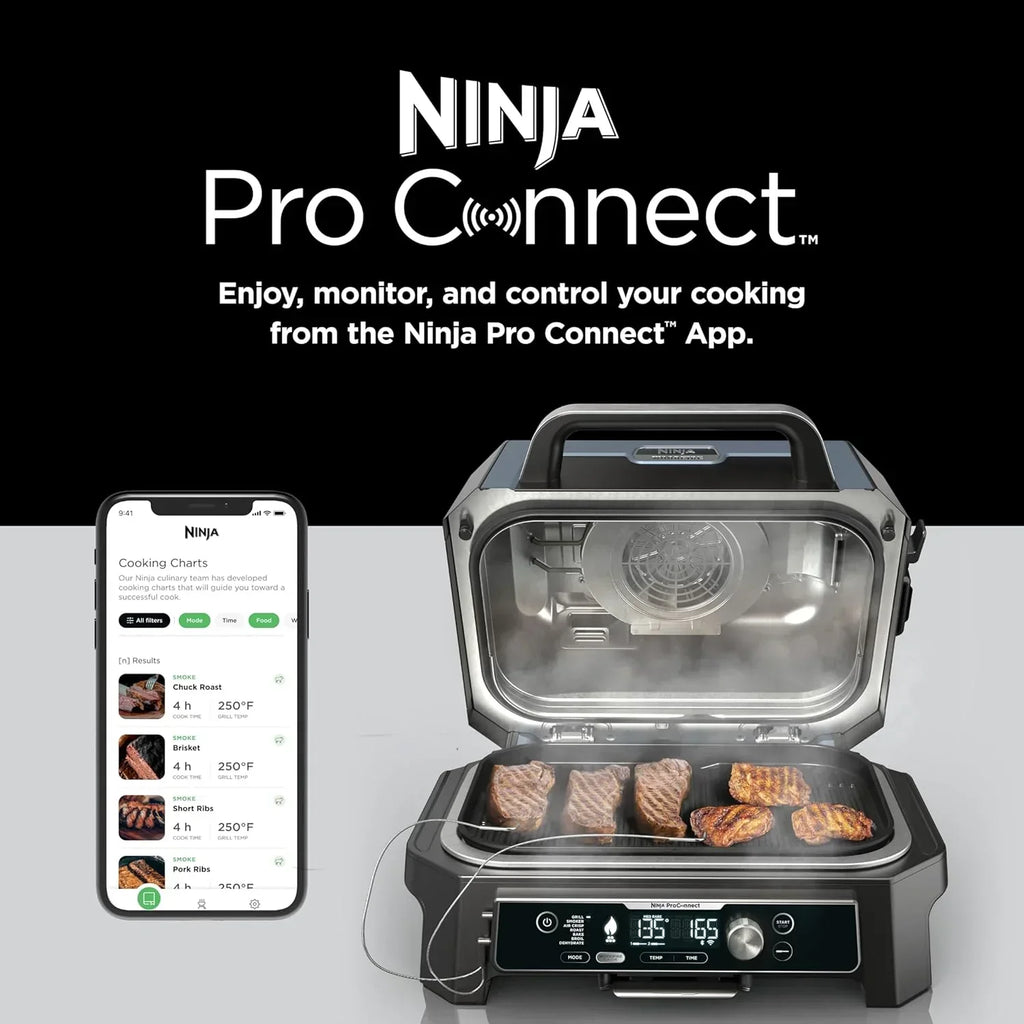 Ninja Woodfire Pro XL 4 w 1, grill i wędzarnia ogrodowa, termometr, główny grill 4 w 1, grill wędzarniczy, zewnętrzna frytkownica powietrzna, piekarnik, przenośny, grill elektryczny, ciemnoszary, model OG850