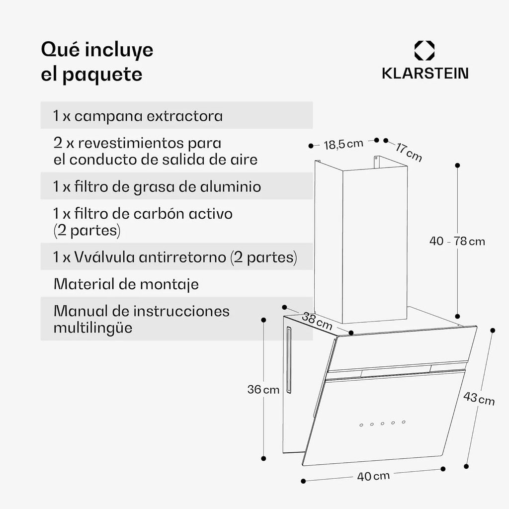 KLARSTEIN Alina Okap Kuchenny - 570 m³/h, Klasa A, LED, 54 dB, Recyrkulacja i Wyciąg, Ozdobny Okap, Sterowanie Dotykowe, Szerokość 39,8 cm, Czarny