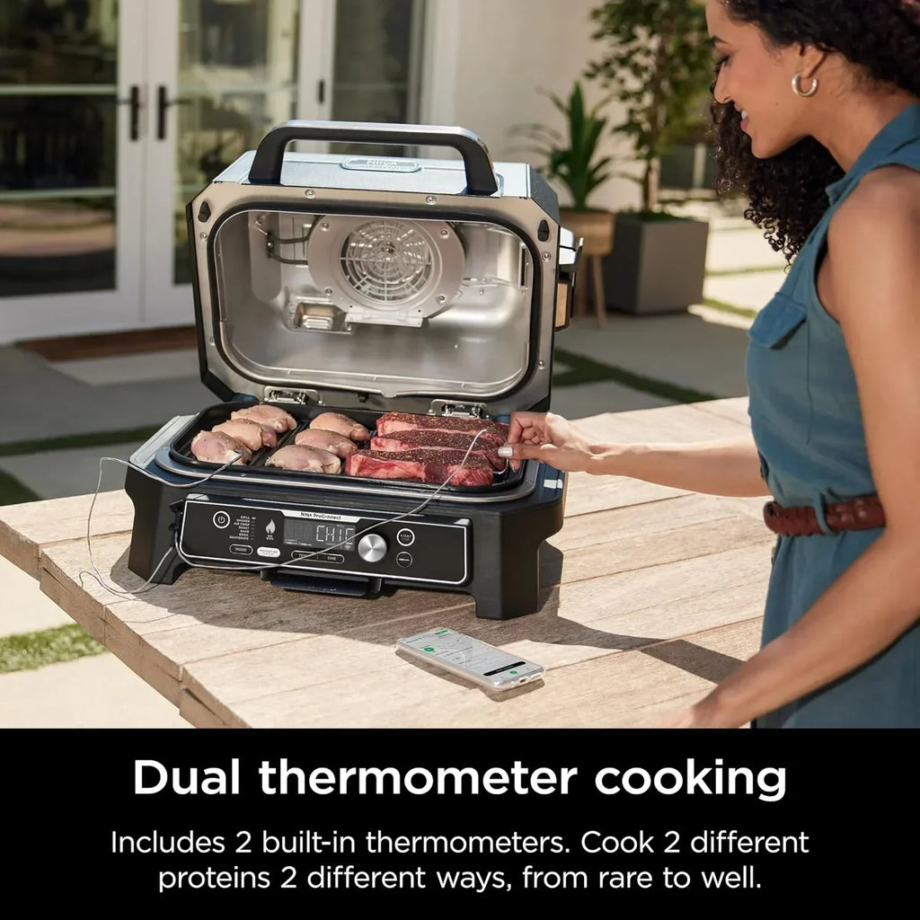 Ninja Woodfire Pro XL Grill i Wędzarnia Zewnętrzna, termometr, master grill 4 w 1, grill wędzarniczy, zewnętrzna frytownica powietrzna, piekarnik, przenośny, grill elektryczny, ciemnoszary, model OG850, 2026