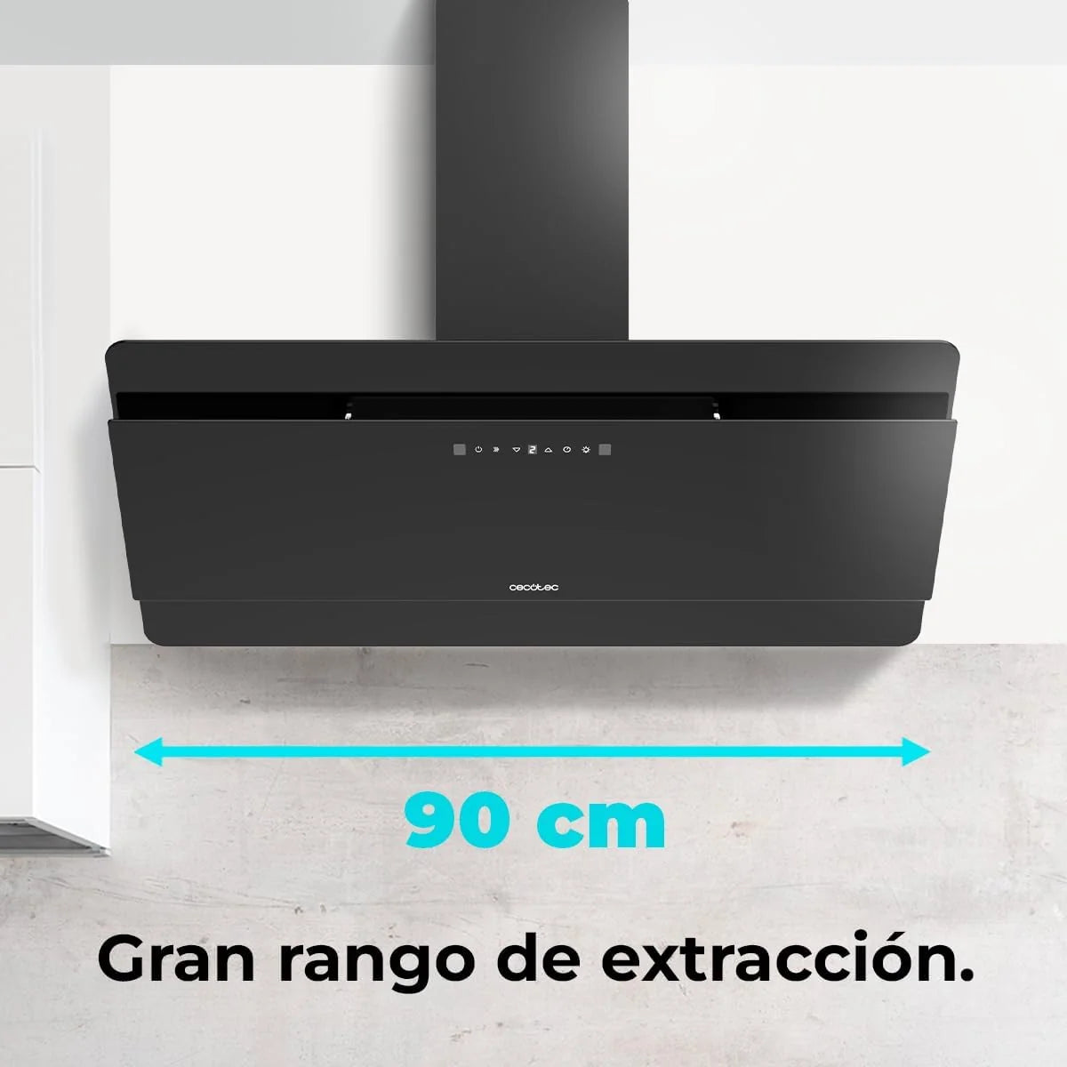 Okap dekoracyjny Cecotec 90 cm Flux Dt 908000 Glass Black A++. Czarne szkło, moc 800m3/h, silnik 210W, A++, sterowanie dotykowe, 3 poziomy + booster, sterowanie ruchem ręki
