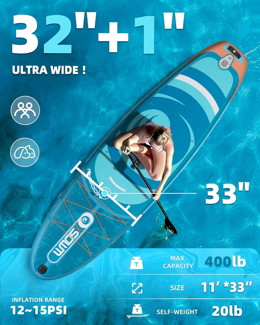 Nadmuchiwana deska SUP 320 cm z najwyższej jakości akcesoriami, regulowane wiosło, pompka ręczna, plecak transportowy. 320 x 84 x 15 cm, nośność do 158 kg