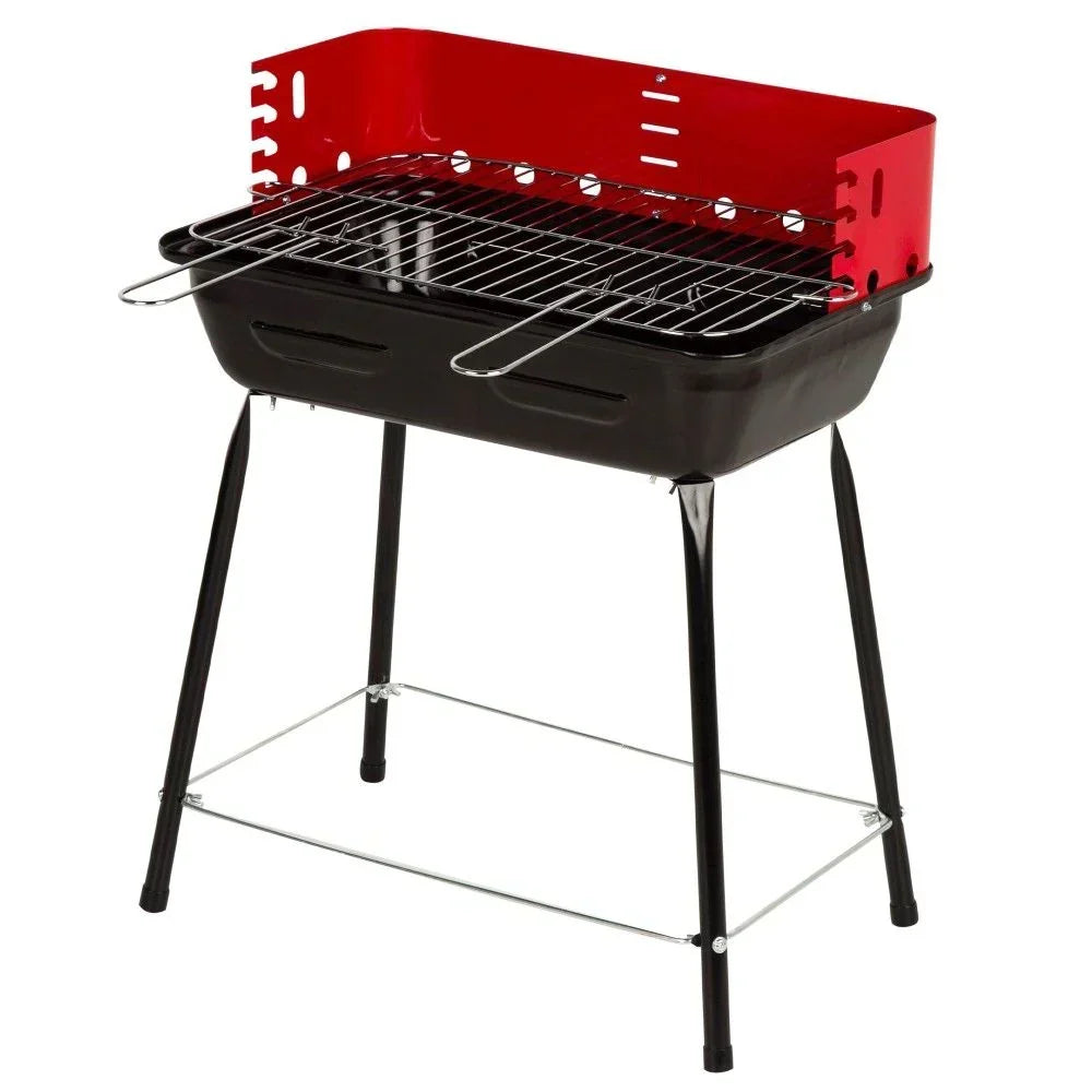 Przenośny Grill Węglowy Z Osłoną Przeciwwiatrową I Rusztem Z Regulacją Wysokości 42x42x54 Cm - Stal. Czarno-Czerwony