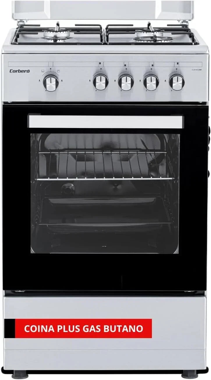 Corberó – Kuchnia gazowa na butan Plus | 50 cm | CCSF45020BX | 4 palniki | Piekarnik 43L z podwójnymi szklanymi drzwiami | Metalowa pokrywa | Chromowana taca i grill | Automatyczne wyłączanie bezpieczeństwa | Stal nierdzewna