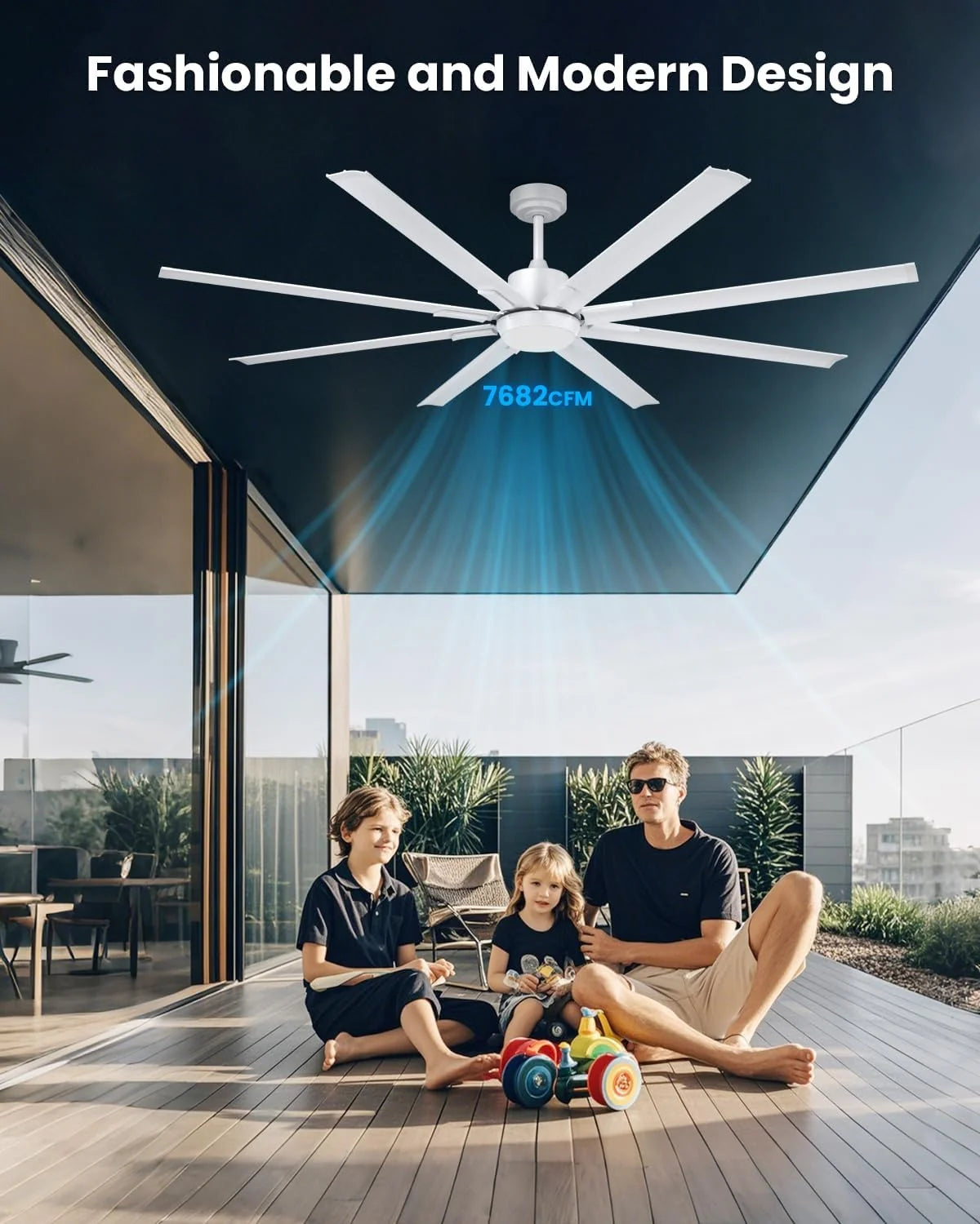 Wentylator Sufitowy 183cm Bardzo Duży z 8 Aluminiowymi Łopatkami, Lampą i Pilotem, Cichy z Odwracalnym Silnikiem DC do Użytku Zewnętrznego, na Taras, do Dużych Pomieszczeń