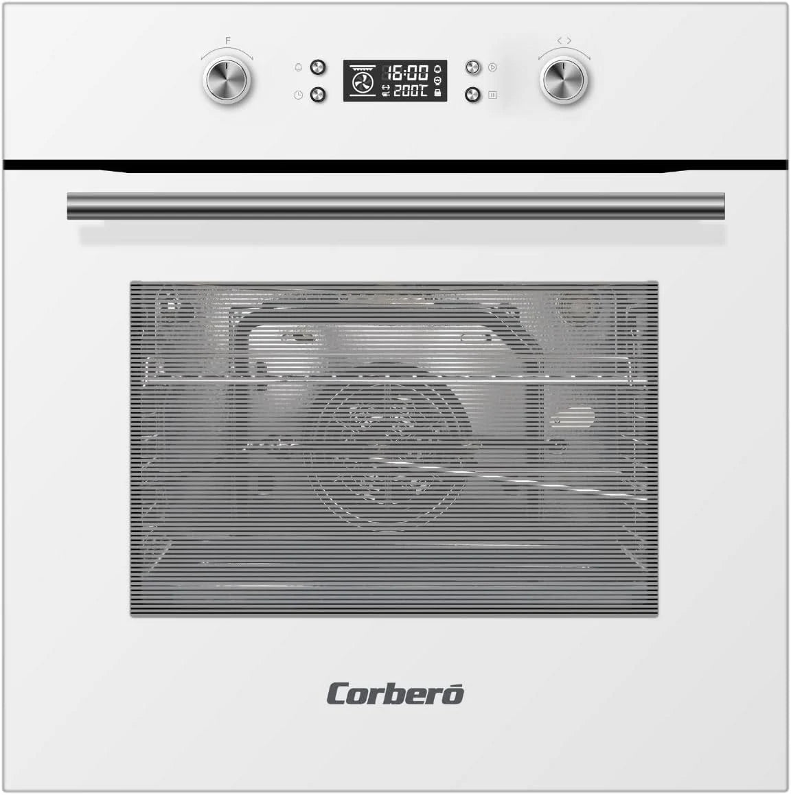 Corberó - Piekarnik pirolityczny wielofunkcyjny 70L | CCHMP1033W | 59.5cm(dł.)x59.5cm(wys.)x57.5cm(gł.) | 3200W | Wyświetlacz cyfrowy | Chowane pokrętła | Podwójne szklane drzwi | Wysuwane prowadnice | 8 programów, Biały