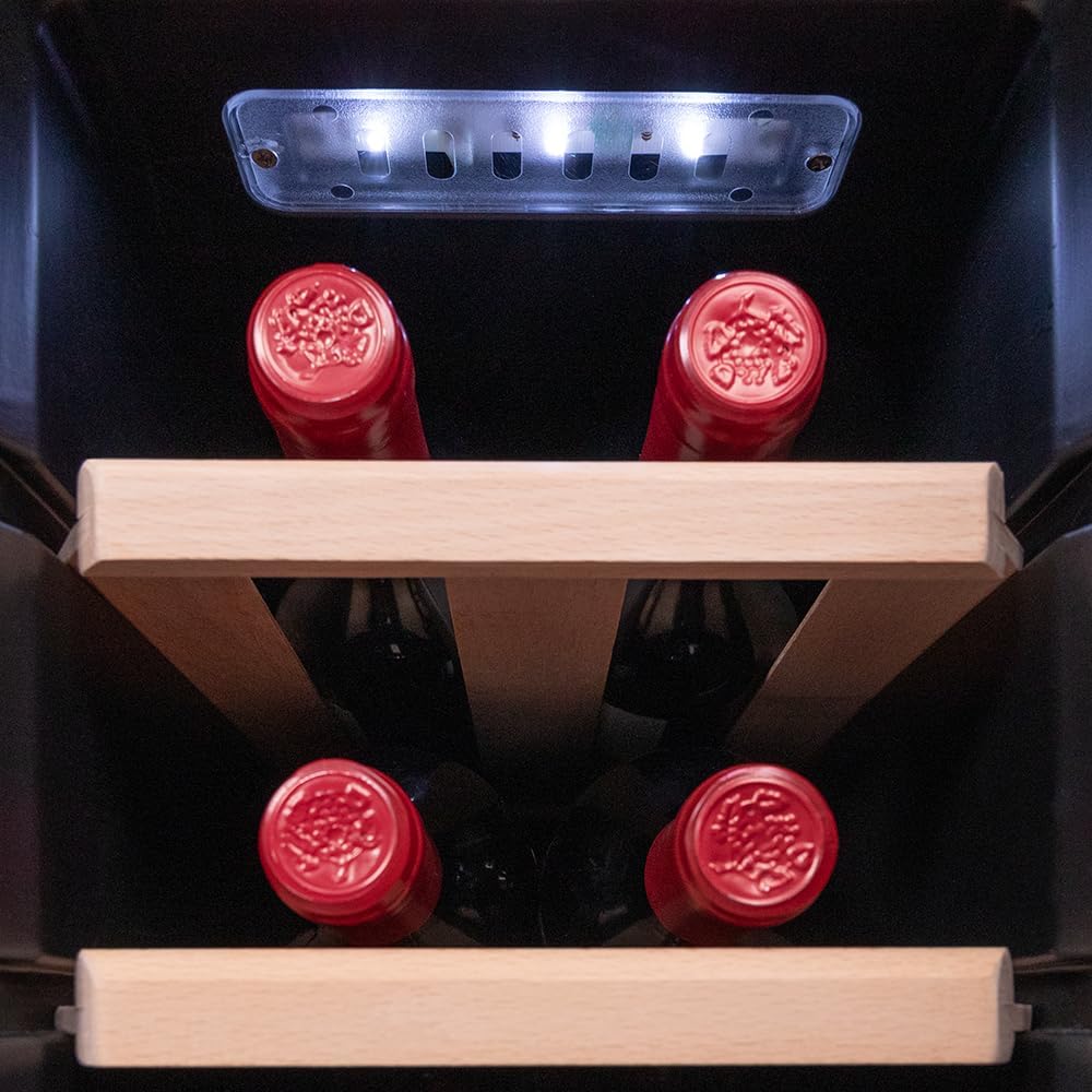 Cecotec Vinoteca Wolnostojąca Bolero GrandSommelier 1250 CoolWood. Chłodziarka do wina na 12 butelek, regulacja temperatury 8-18°C, oświetlenie LED i drewniane półki.