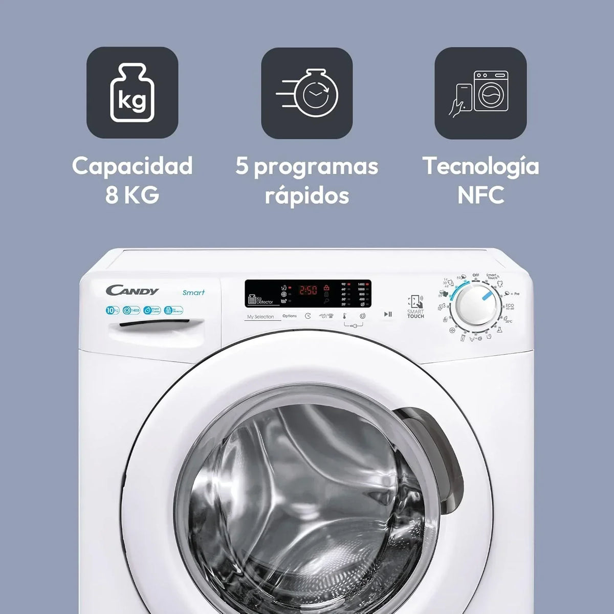 Candy Smart CS 14102DE/1-S, Pralka 10 kg, 1400 obr./min, Cyfrowy wyświetlacz i sterowanie, Technologia NFC, Asystent głosowy, 15 programów, 5 szybkich, Łatwe prasowanie, Opóźnienie startu 24H, Czujnik KG, 81 DB, Biała