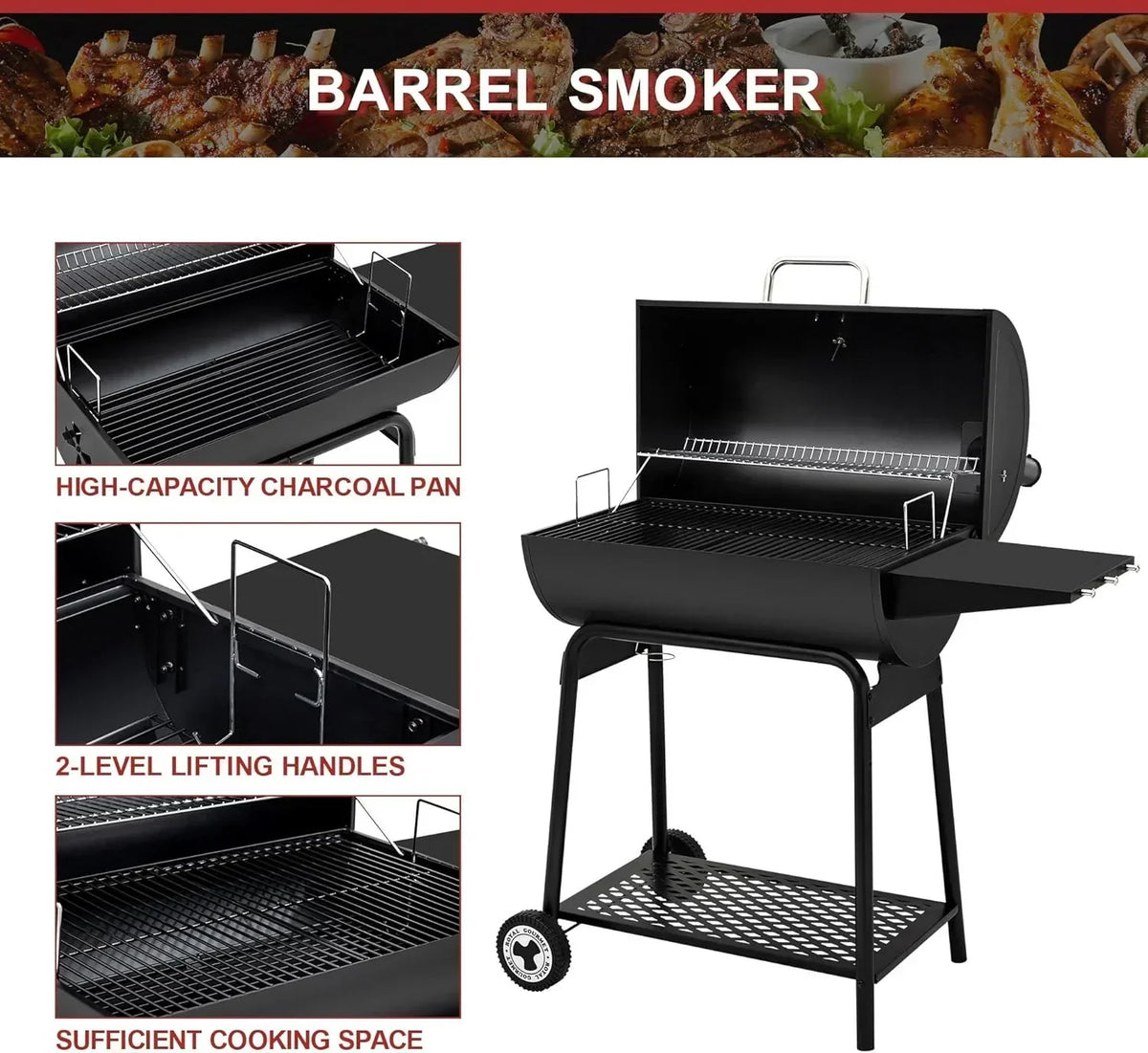2026 Royal Gourmet CC1830 30-calowy grill węglowy ze składanym stolikiem bocznym, grill zewnętrzny z rusztem o powierzchni 4045 cm² do ogrodu, na patio i imprezy, czarny