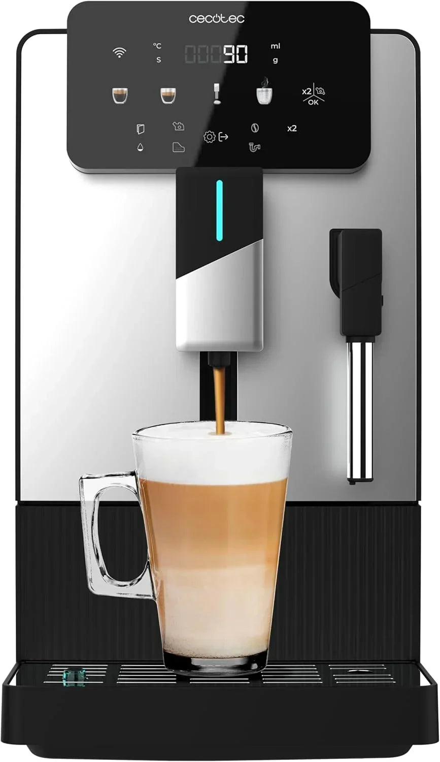 Ekspres automatyczny Cecotec Cremmaet Latte Touch, 19 barów, system Thermoblock, 12 rodzajów napojów, 4 profile użytkownika, zbiornik na wodę 1,1 l i na mleko 400 ml, ekran TFT, stożkowy młynek, automatyczne czyszczenie, regulowana wysokość