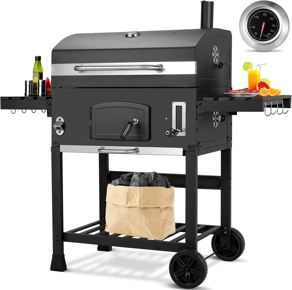 Grill Węglowy XXL, Grill Węglowy z Kominem i Pokrywą, Grill Wózkowy BBQ Smoker z Kółkami i Termometrem, Duży Grill Węglowy do Biwakowania i Ogrodu