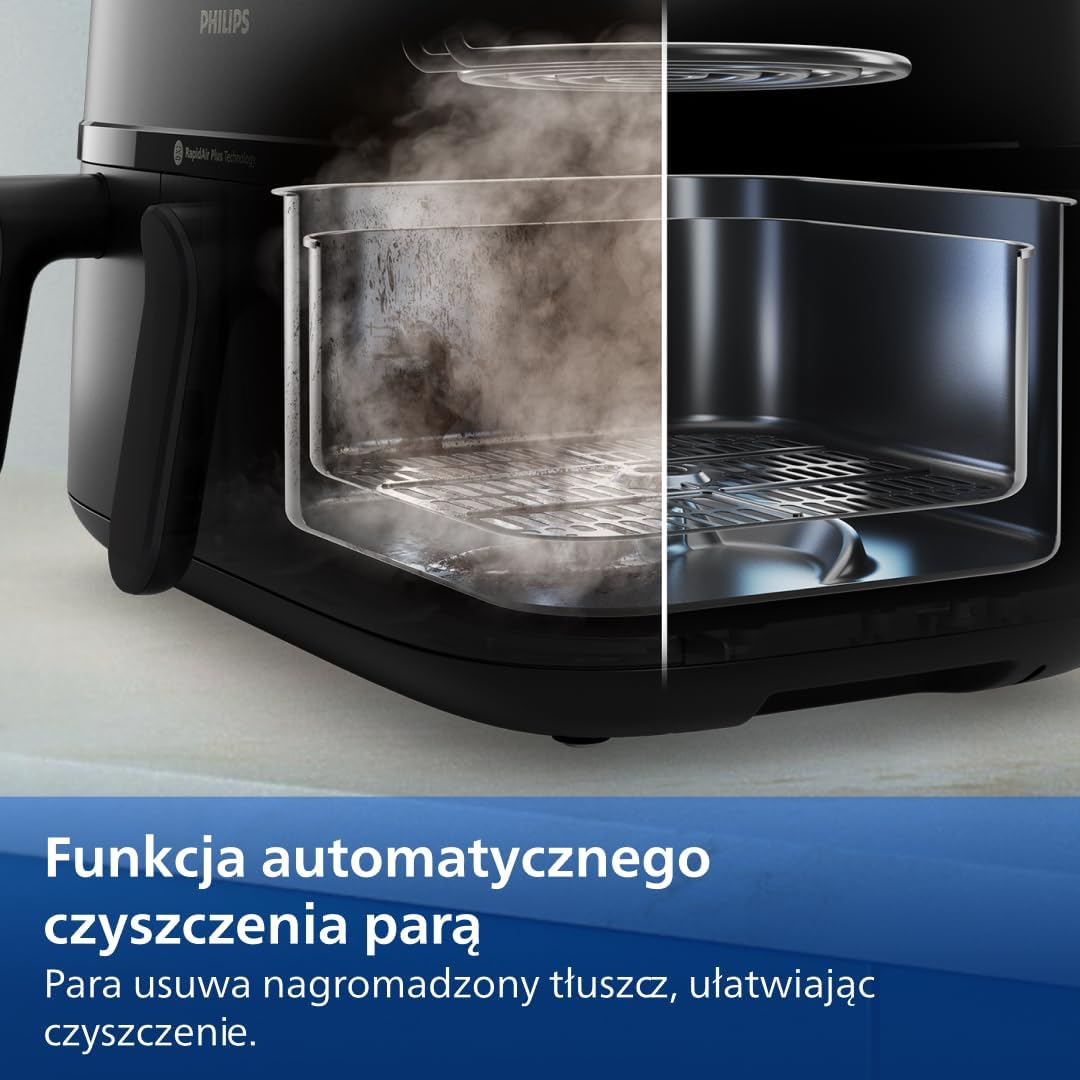 Philips Ovi Dual Basket z parą - Wyjątkowe funkcje gotowania Steamfry, Gotowania na parze, Airfry - 19 sposobów gotowania; pojemność 9L (3L + 6L), RapidAir Plus, automatyczne SteamClean (NA550/00)