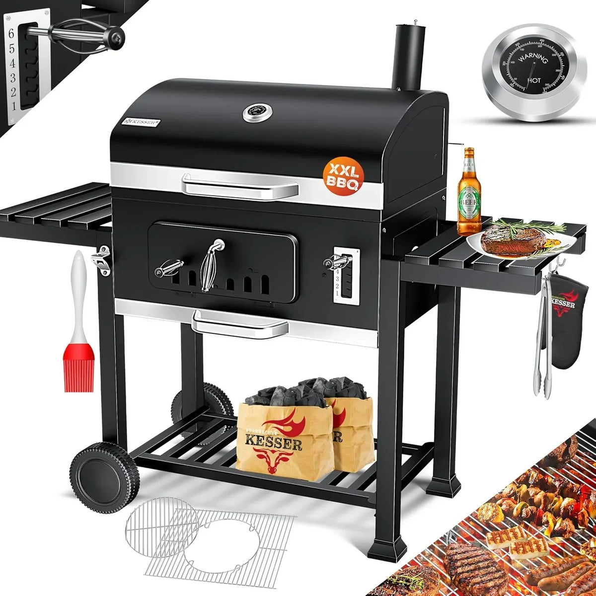 KESSER® Grill węglowy z wózkiem z pokrywą, kółkami, uchwytem ze stali nierdzewnej | Grillowanie i termometr Węgiel duży grill BBQ kemping taras ogród XXL czarny
