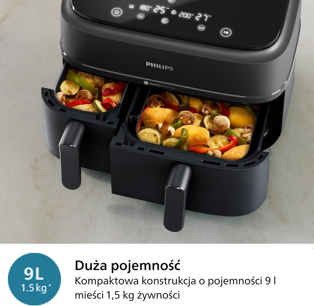 Philips Ovi Dual Basket z parą - Wyjątkowe funkcje gotowania Steamfry, Gotowania na parze, Airfry - 19 sposobów gotowania; pojemność 9L (3L + 6L), RapidAir Plus, automatyczne SteamClean (NA550/00)
