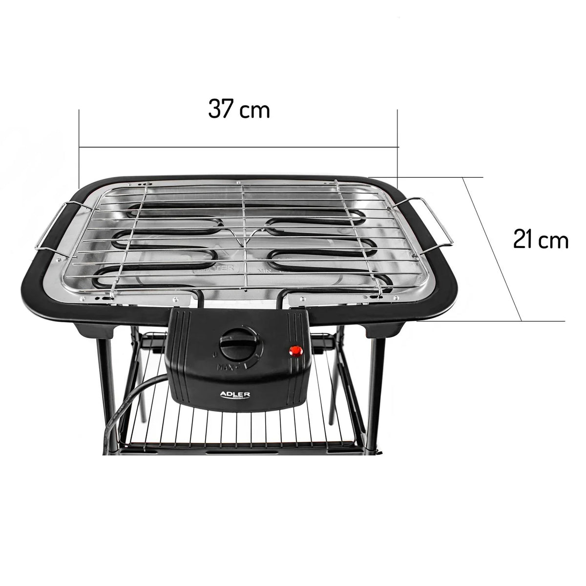 Grill elektryczny z podstawką, chromowany ruszt, regulacja temperatury, do użytku wewnątrz/na zewnątrz, odłączany, czarny, 2000 W Adler AD 6602